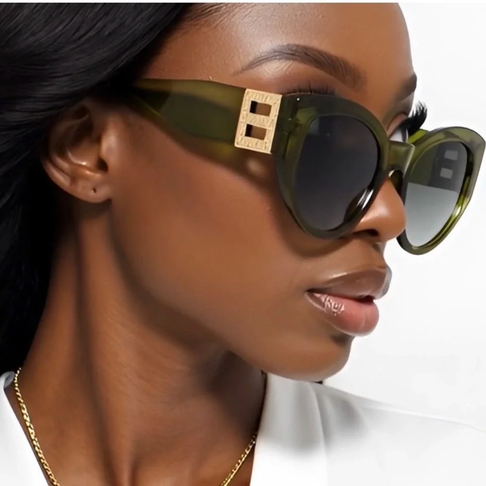 Olive Green Oversized Cat Eye Sunglasses Women Luxury Trendy Outdoor Retro New‎